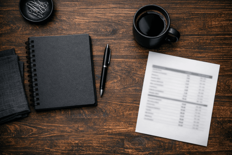desk: notebook, pen, coffee mug, blurred lab report