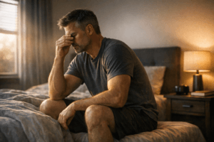 Man with no energy sitting on bed