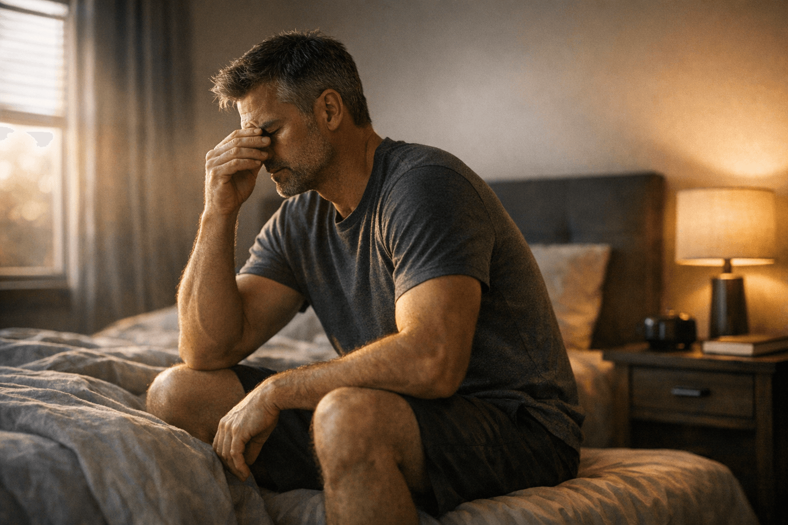 Man with no energy sitting on bed