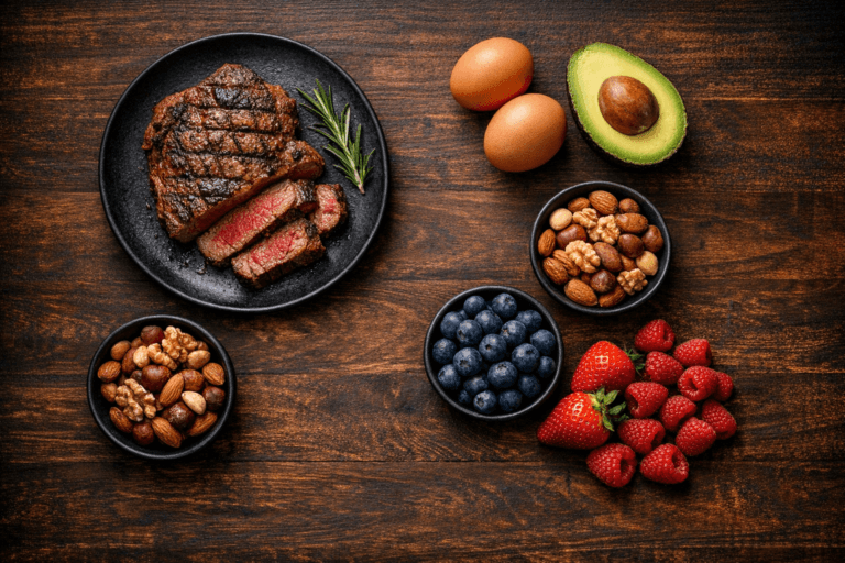 whole foods: steak, eggs, avocado, nuts, berries
