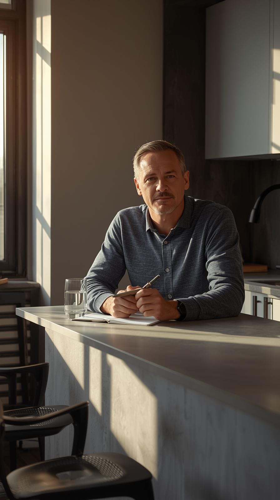 calm man at kitchen counter morning light