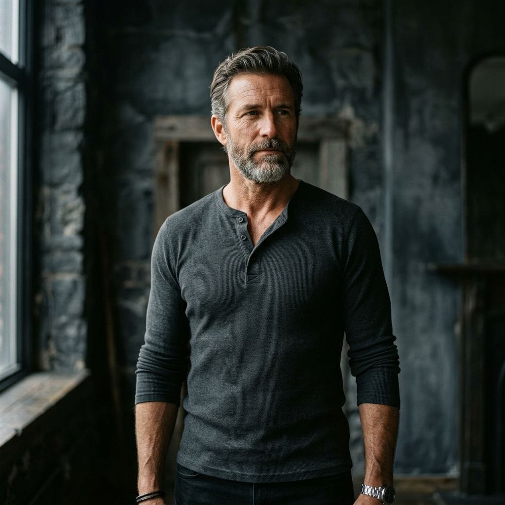 Older fit man in a grey henley