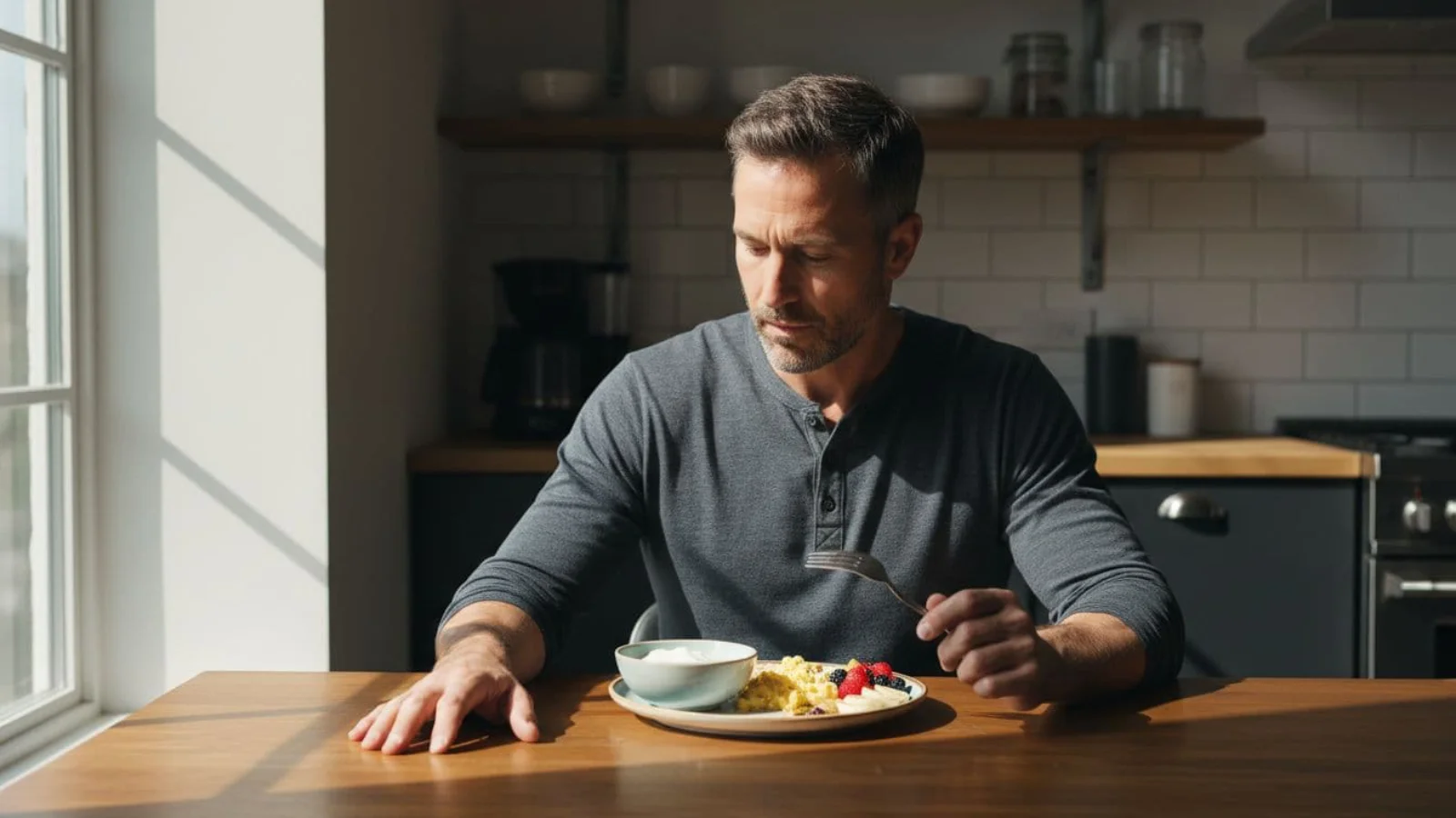 mature man protein breakfast kitchen morning