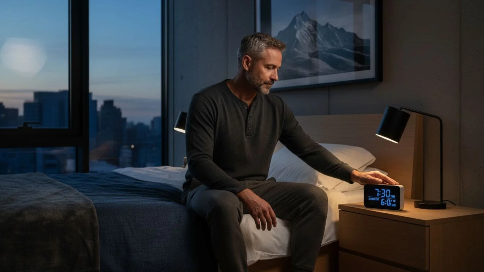 middle aged man setting alarm turning off lamp