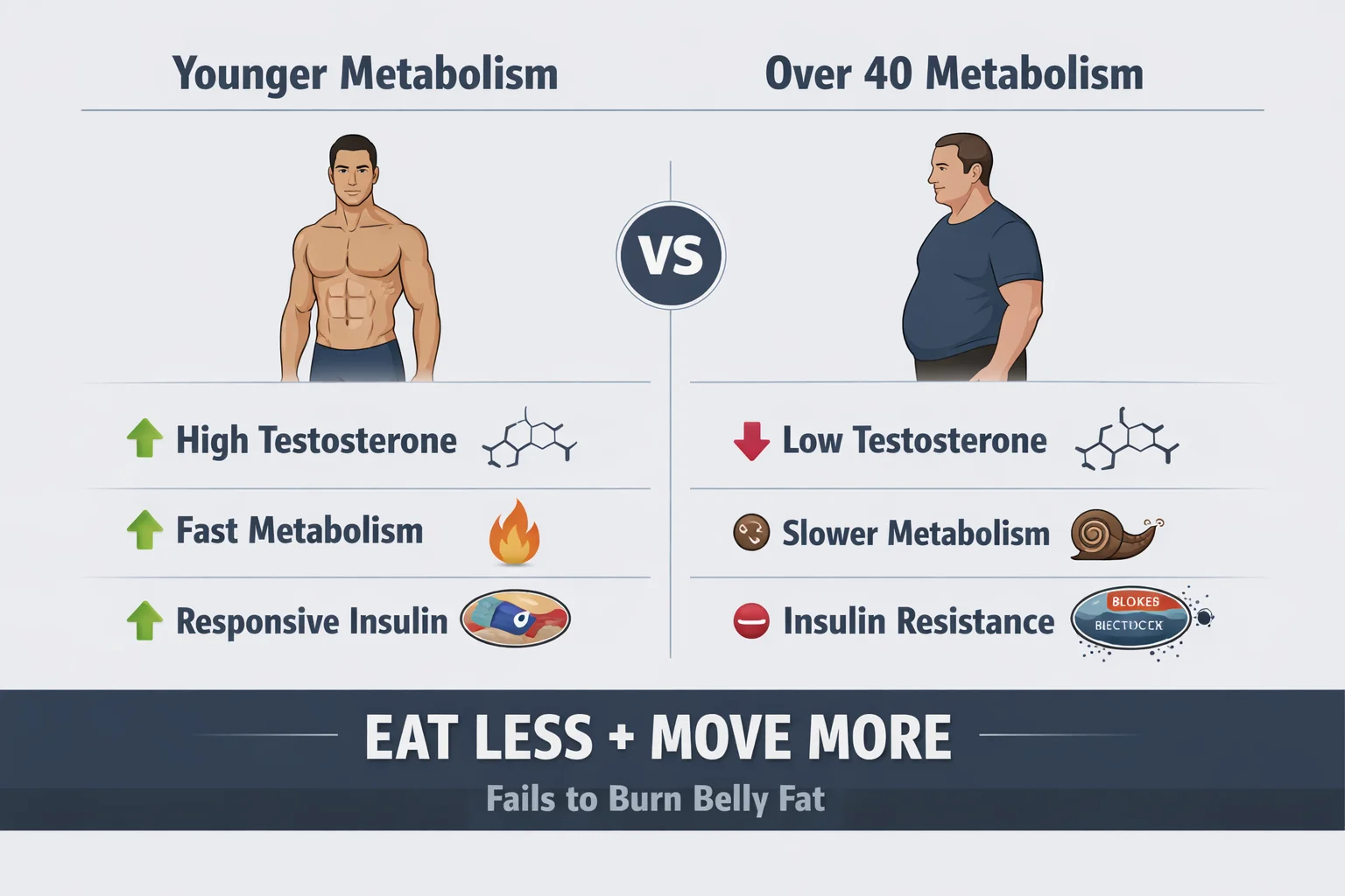 The Belly Fat Lie Men Over 40 Keep Believing (And the Truth That Changes Everything) 2 visual contrasting younger male physiology vs over‑40 physiology and illustrating why “eat less, move more” fails for men in this age group