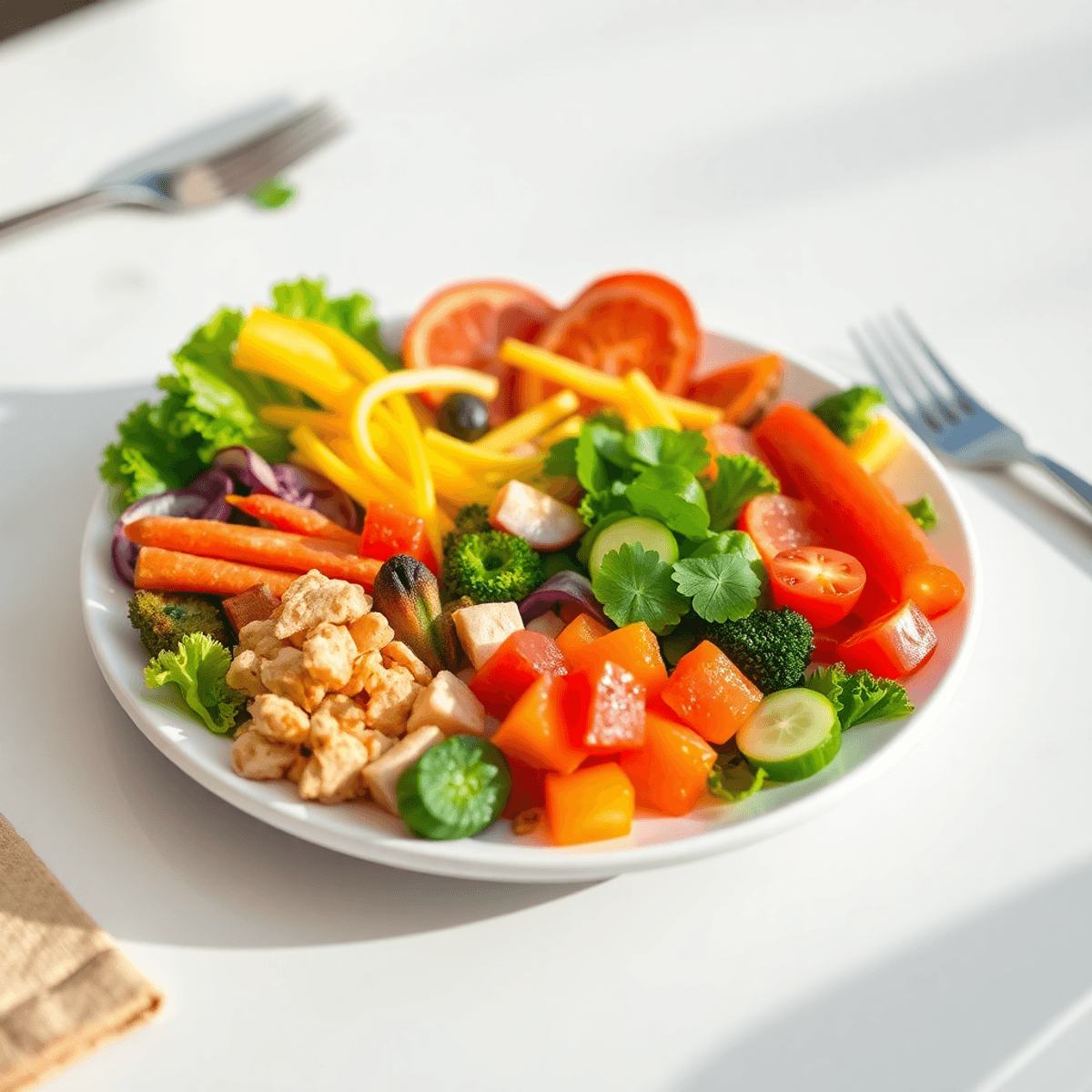 The High Protein Blueprint for Men Over 40 Who Want to Lean Out 3 A colorful plate with high-protein foods and fresh vegetables on a simple table, lit naturally, showcasing a balanced and nutritious meal.