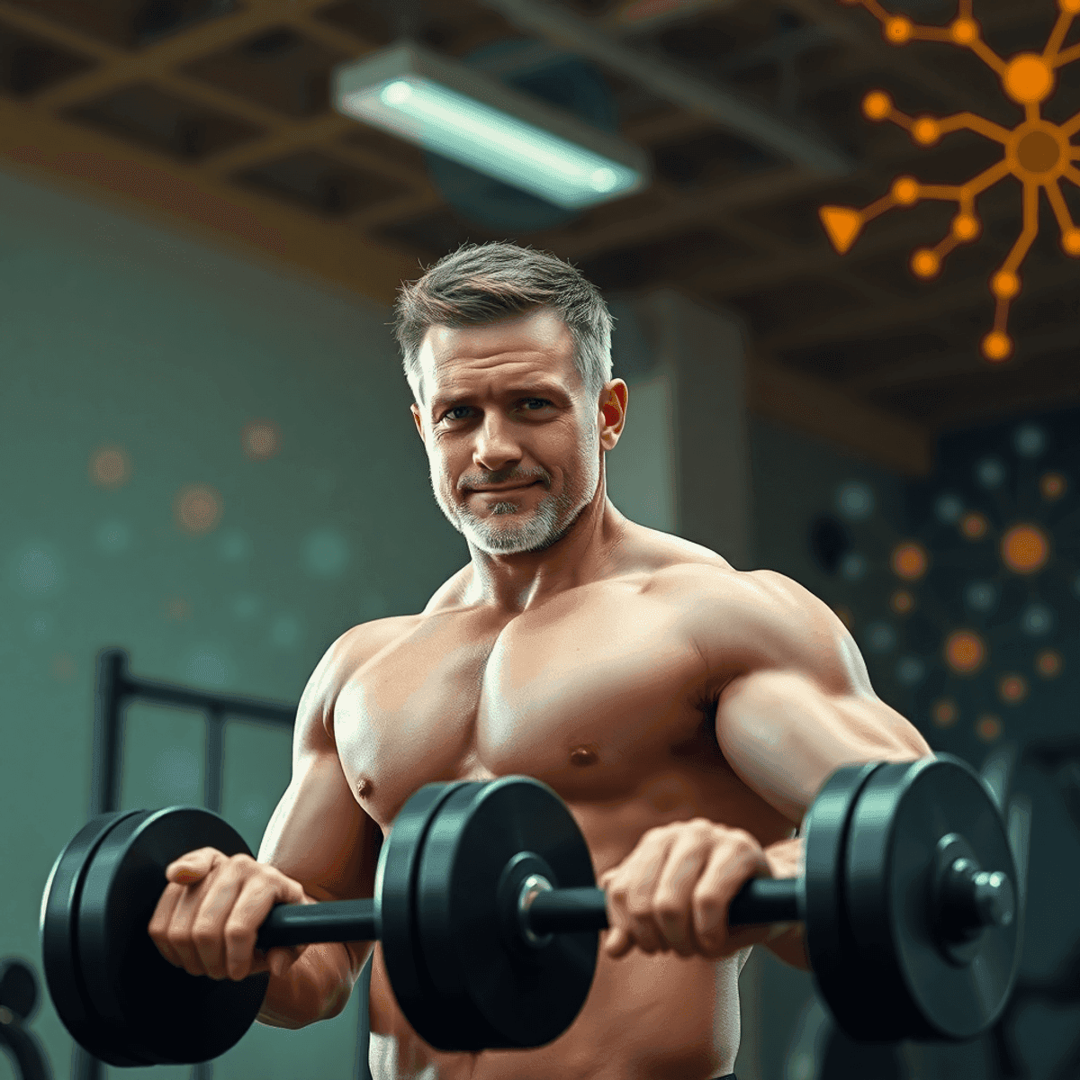 Creatine After 40: What Changes (and What Doesn’t) 3 A fit middle-aged man lifting weights in a bright gym with glowing energy shapes and neural network patterns symbolizing strength and cognitive health.