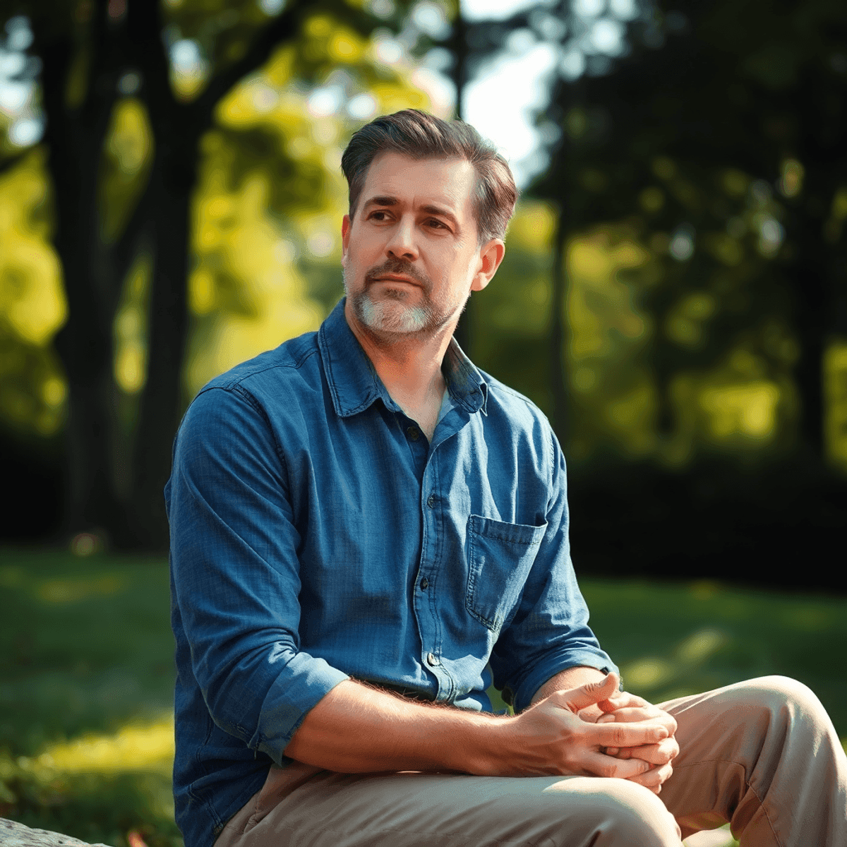 A middle-aged man sitting outdoors in sunlight filtering through trees, looking contemplative and relaxed in a peaceful natural setting.