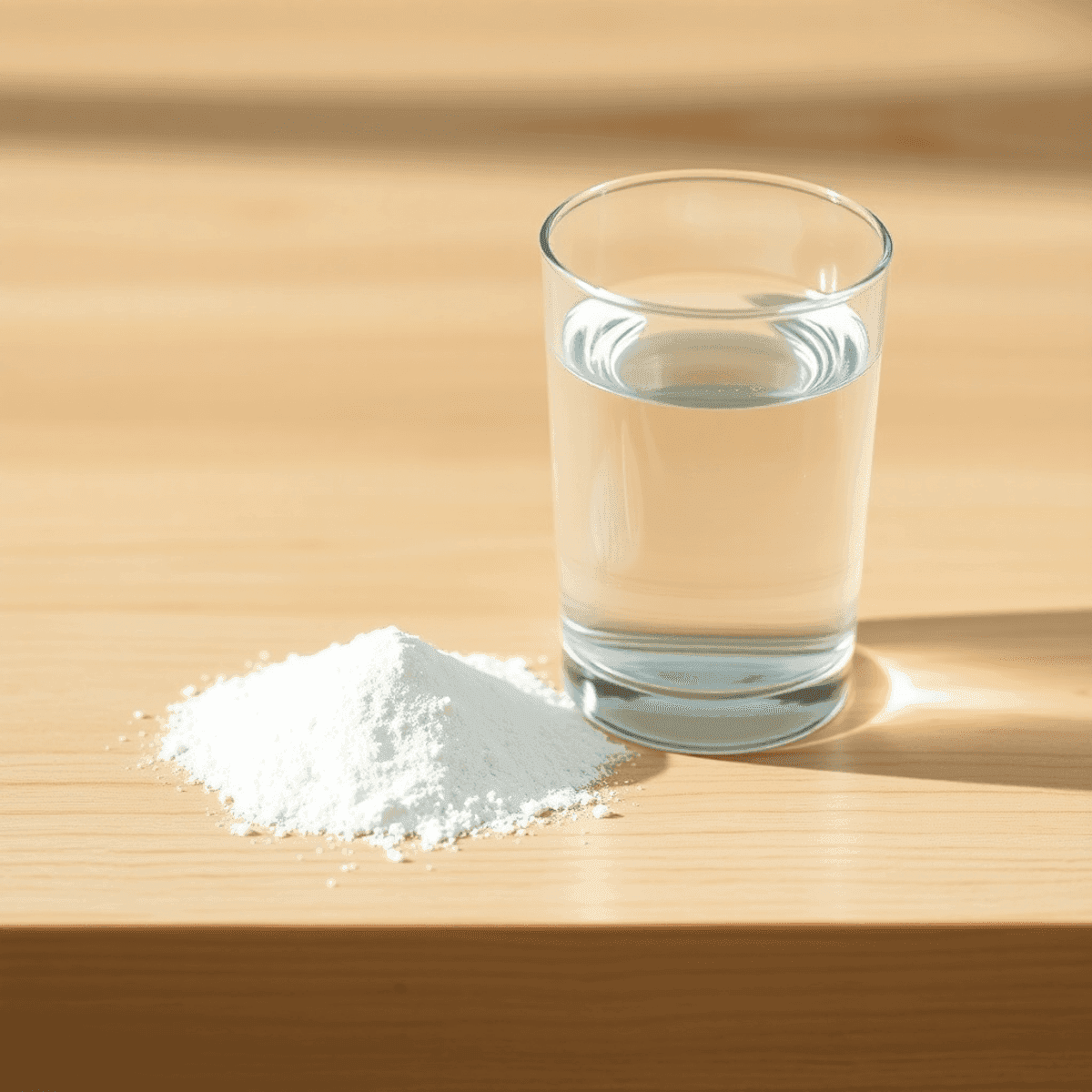 Creatine After 40: What Changes (and What Doesn’t) 6 A small pile of white creatine powder beside a clear glass of water on a light wooden surface with soft natural lighting.