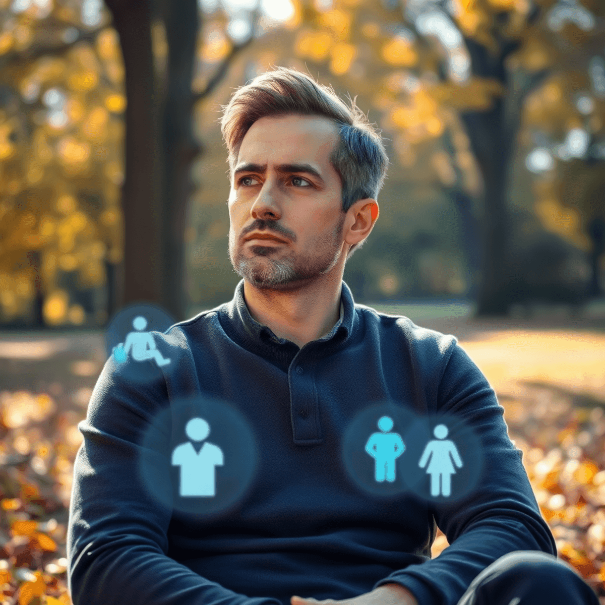 A thoughtful middle-aged man sitting in a sunlit autumn park with glowing health and wellness icons floating around him.
