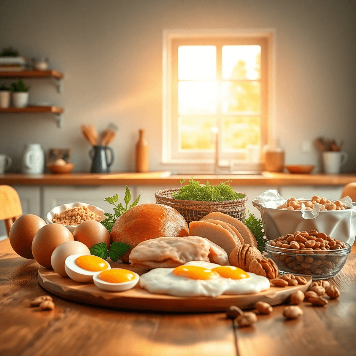 The High Protein Blueprint for Men Over 40 Who Want to Lean Out 2 Bright kitchen with protein-rich foods on a wooden table, morning sunlight streaming in, and glowing abstract muscle fiber shapes in the background.