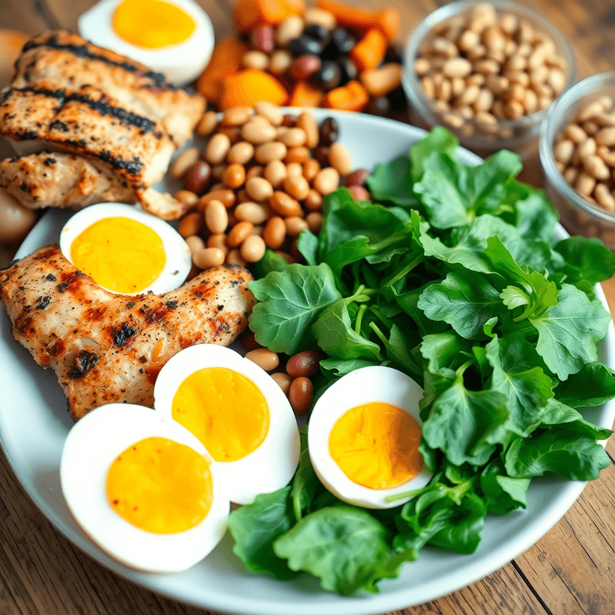 The High Protein Blueprint for Men Over 40 Who Want to Lean Out 1 Close-up of a healthy meal with grilled chicken, eggs, beans, nuts, and leafy greens on a wooden table in natural light.