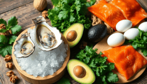 Close-up of a rustic wooden table with oysters, walnuts, leafy greens, avocados, eggs, and salmon in bright natural light.