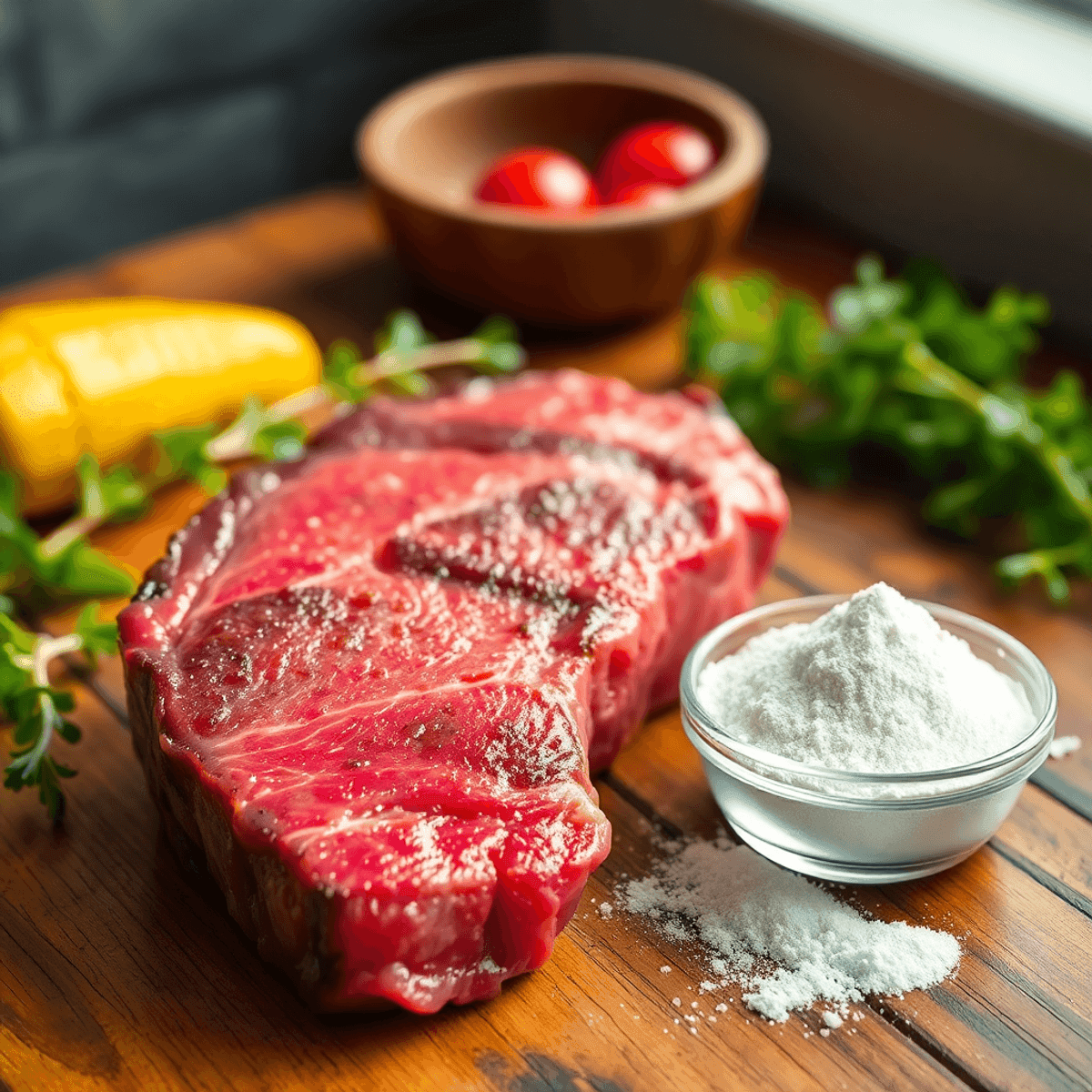 Creatine After 40: What Changes (and What Doesn’t) 4 Close-up of fresh steak and bowl of creatine powder on rustic wooden table with soft natural light, highlighting textures and symbolizing health and vitality.