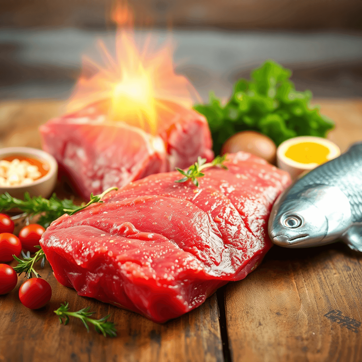 Creatine After 40: What Changes (and What Doesn’t) 1 Close-up of vibrant red meat and fresh fish on a wooden table, surrounded by natural ingredients with a glowing energy aura symbolizing strength and clarity.