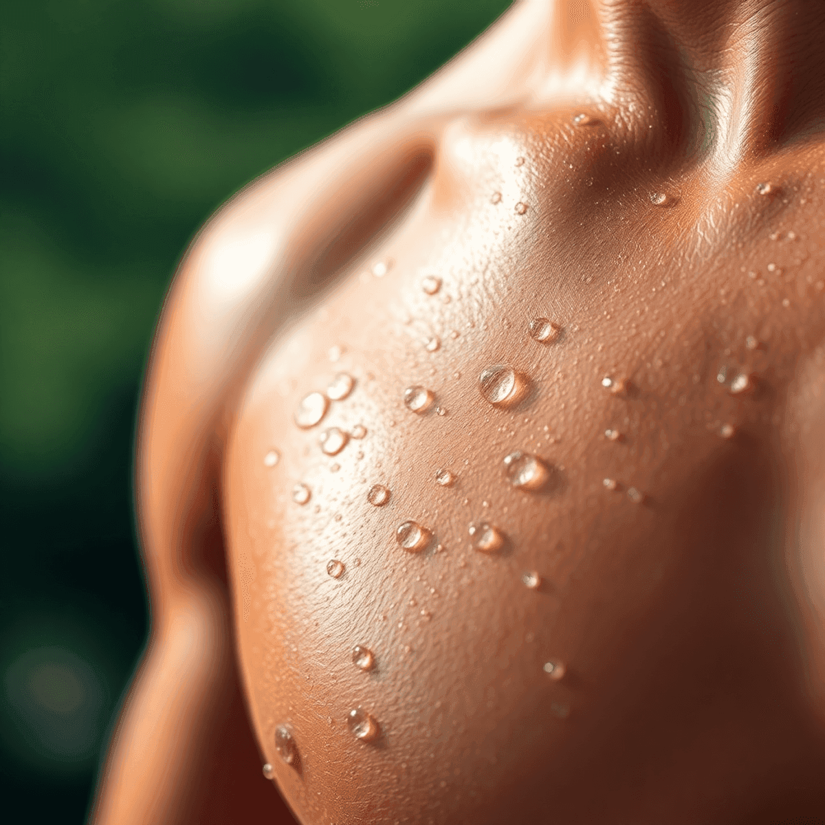 Creatine After 40: What Changes (and What Doesn’t) 5 Close-up of water droplets on glowing, muscular skin with a blurred natural background, highlighting hydration and strength.