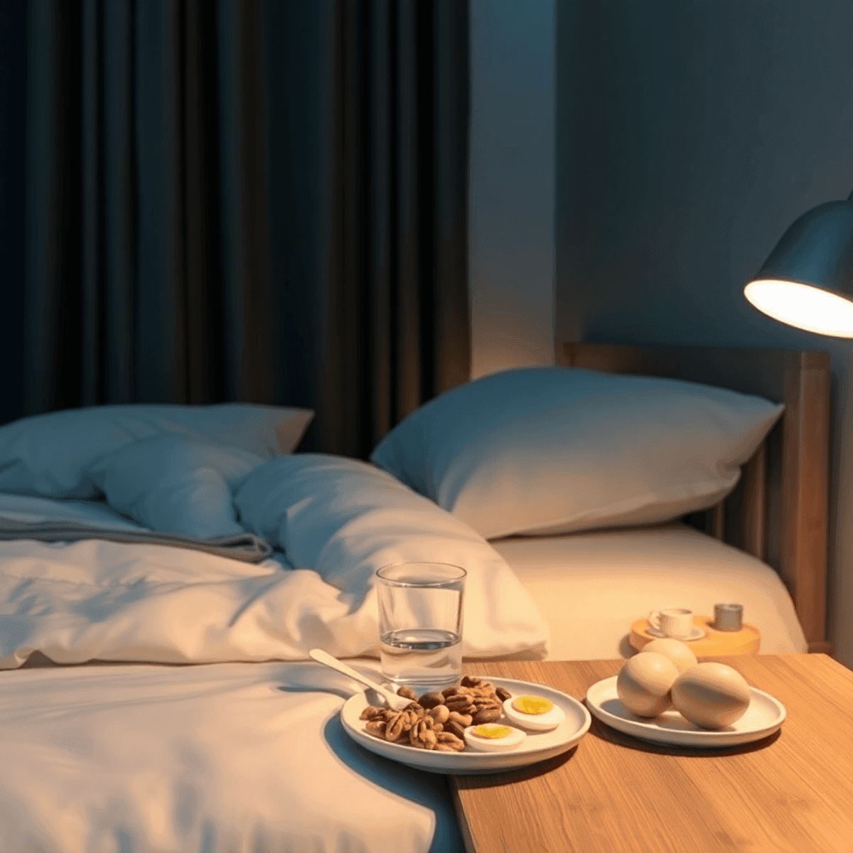 Cozy bedroom at night with warm lighting, blackout curtains, bedside table holding water and protein-rich snacks, in calming blue and green tones.