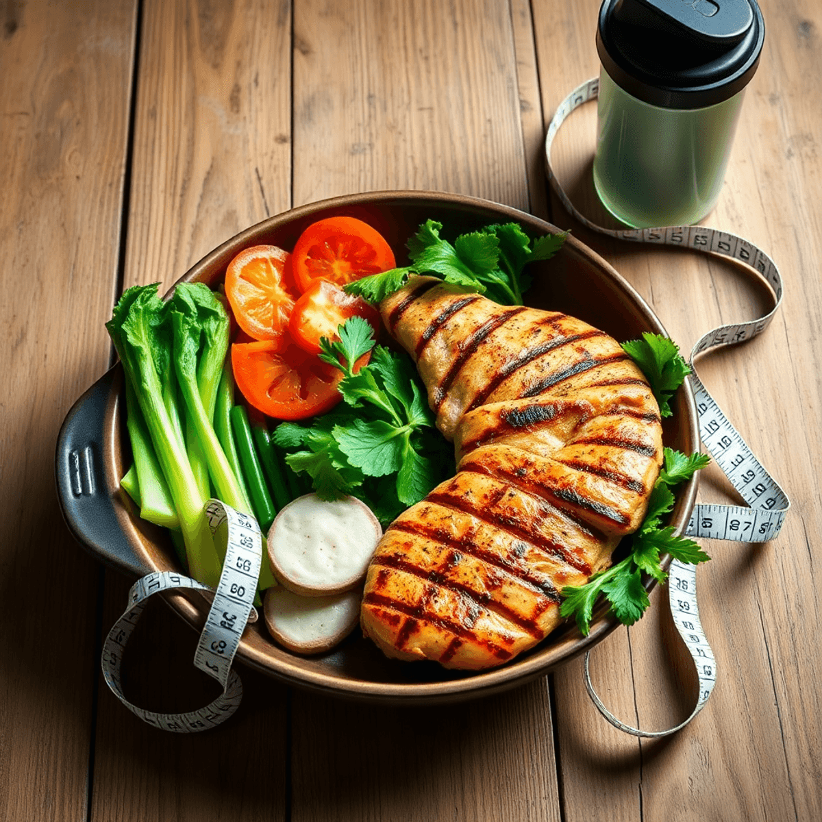 The High Protein Blueprint for Men Over 40 Who Want to Lean Out 4 Grilled chicken and fresh vegetables on a rustic table with a shaker bottle and measuring tape, representing nutrition and healthy living.