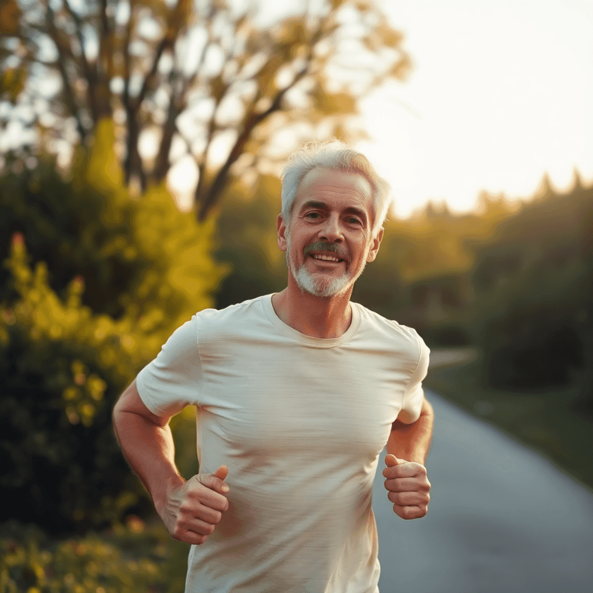 Creatine After 40: What Changes (and What Doesn’t) 2 Middle-aged man jogging outdoors at sunrise, surrounded by lush greenery and soft golden light, symbolizing vitality and strength.