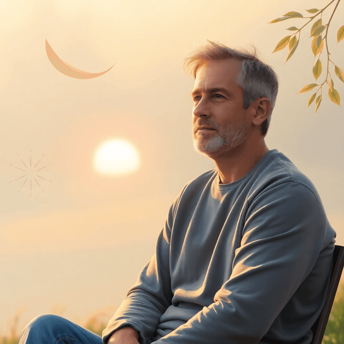 Middle-aged man sitting outdoors in soft morning light, surrounded by sunrise, flowing shapes, and gently swaying leaves symbolizing reflection and balance.