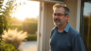 Middle-aged man stepping outside into warm morning sunlight, surrounded by greenery and clear sky, symbolizing a refreshing and healthy morning rou...