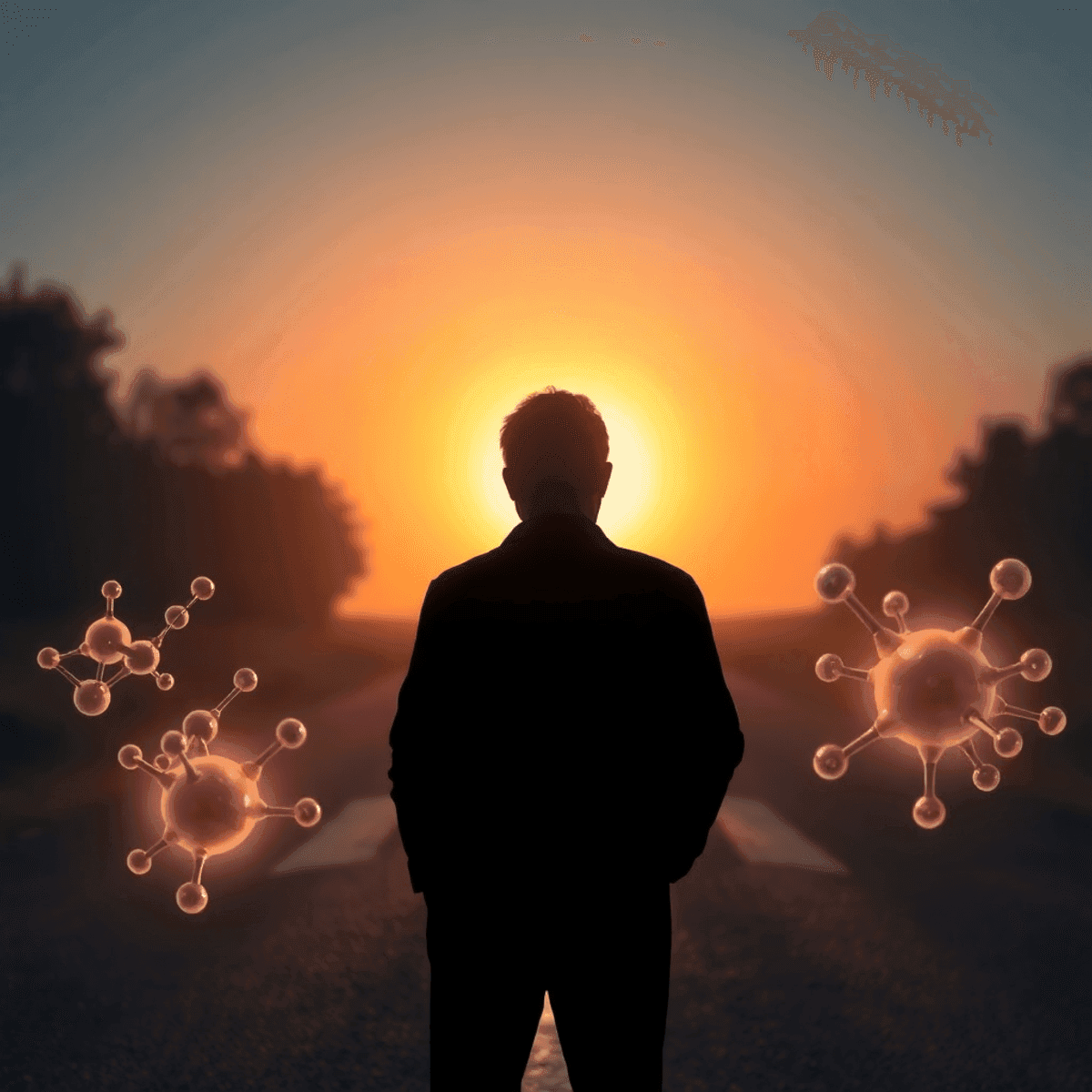 Silhouette of a mature man at a crossroads with a glowing sunrise and floating abstract molecular shapes symbolizing aging and hormonal changes.