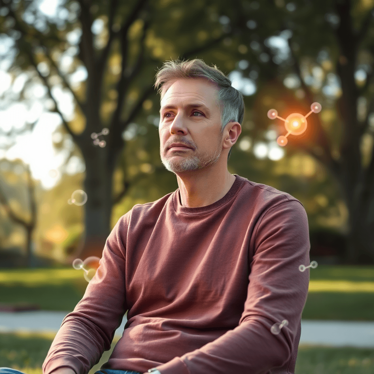 A middle-aged man sitting outdoors in a sunlit park, surrounded by glowing abstract molecules symbolizing hormones, conveying balance and well-being.