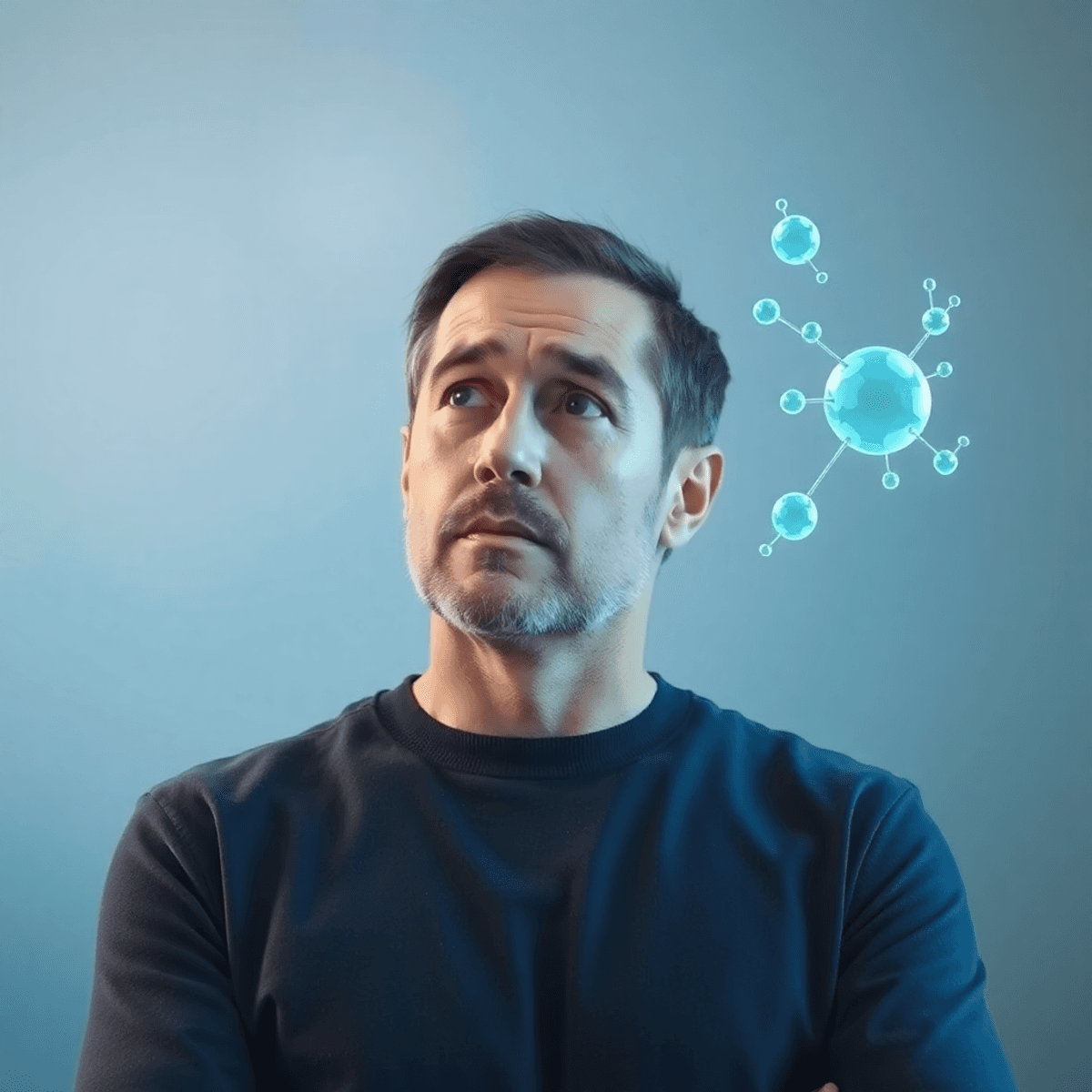 A middle-aged man thoughtfully reviewing floating abstract medical symbols and hormone molecules against a soft blue-green background.