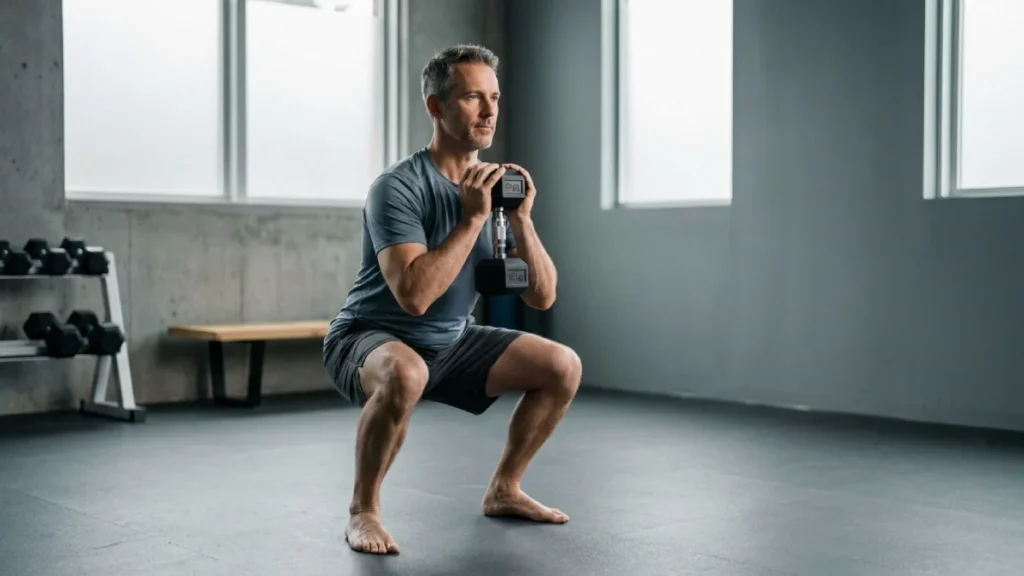 man in his 40's doing a goblet squat